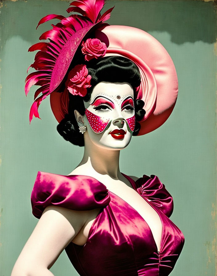 Vintage-style portrait of woman in pink hat, polka-dot veil, red lipstick, satin dress