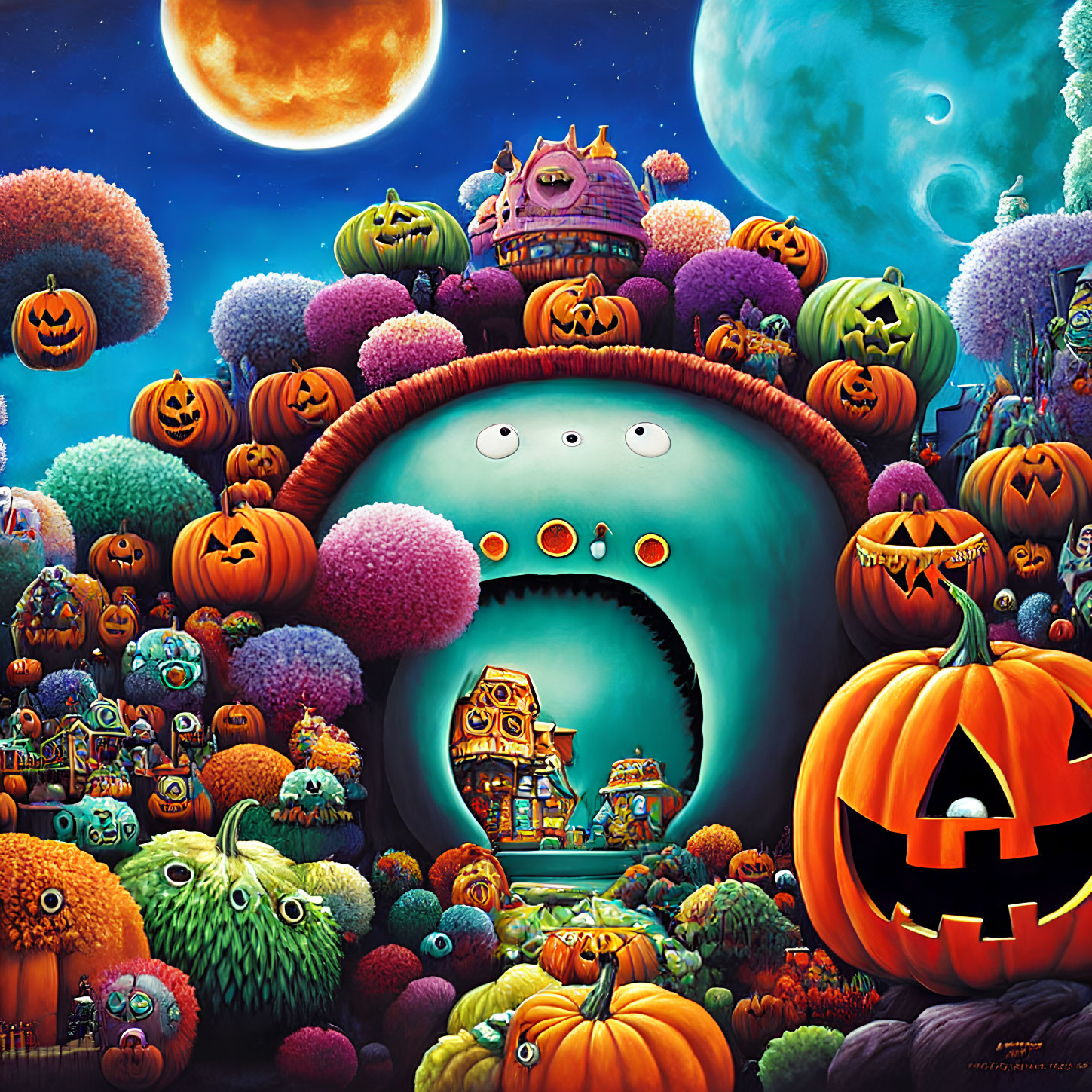 Whimsical Halloween illustration with pumpkins and spooky mansion