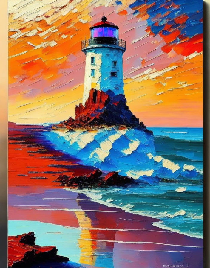 Colorful painting: Lighthouse on cliff, dynamic waves, textured sky.