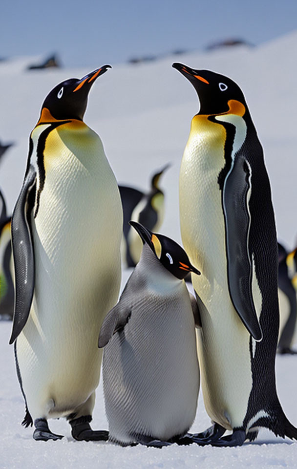 King Penguins Family on Snow with Blue Sky Background