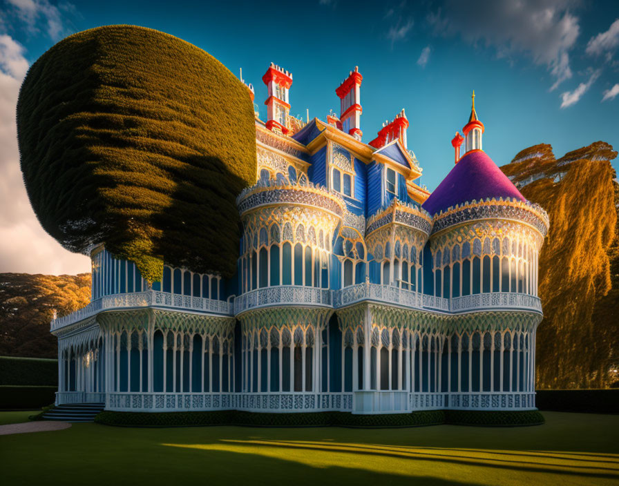 Victorian-style mansion with white lattice work, blue and lavender roofs, sculpted trees, dramatic sky