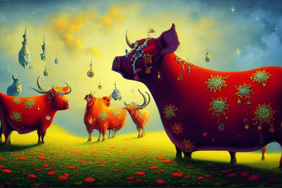 Ornate Red Bulls Painting in Vibrant Field