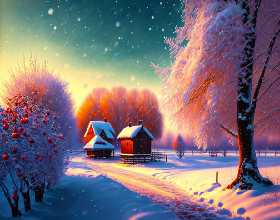 Snow-covered trees, glowing houses, and a tranquil winter landscape at dusk