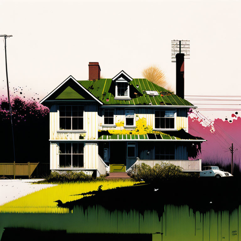 Stylized two-story house with car in black and yellow on pink sky