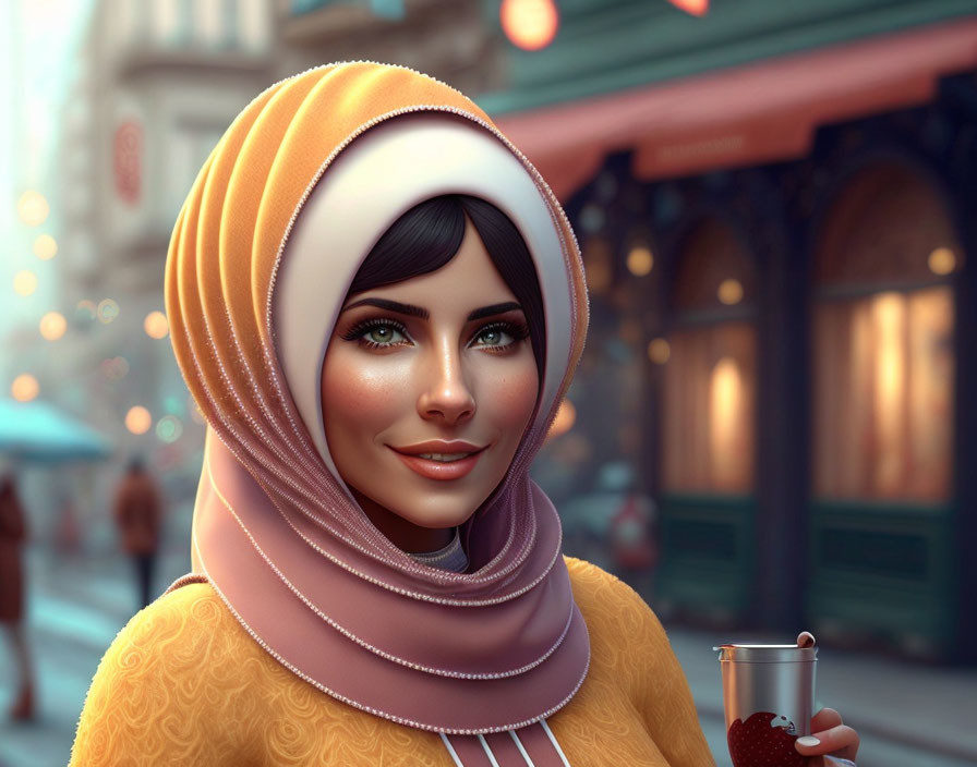 Digital artwork: Woman in hijab smiling with cup, city backdrop