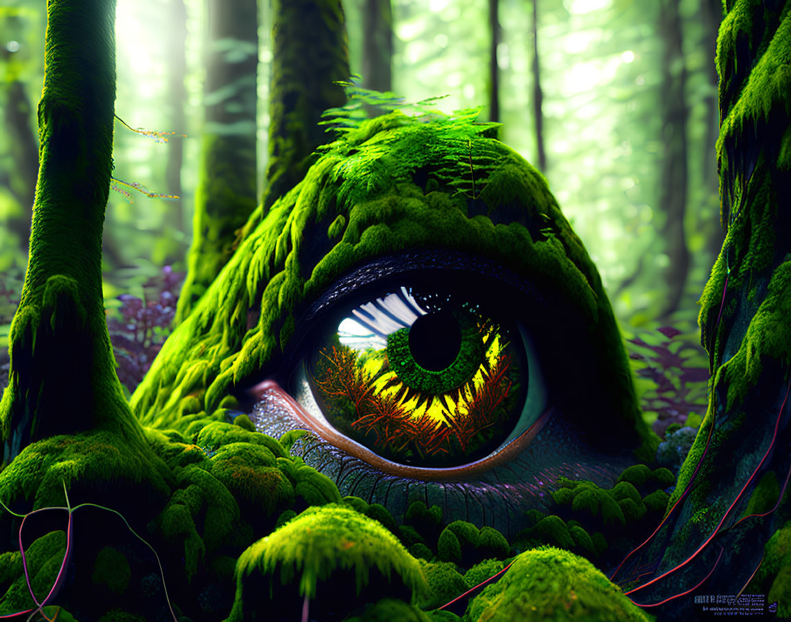 Digital artwork: Moss-covered eye in enchanted forest