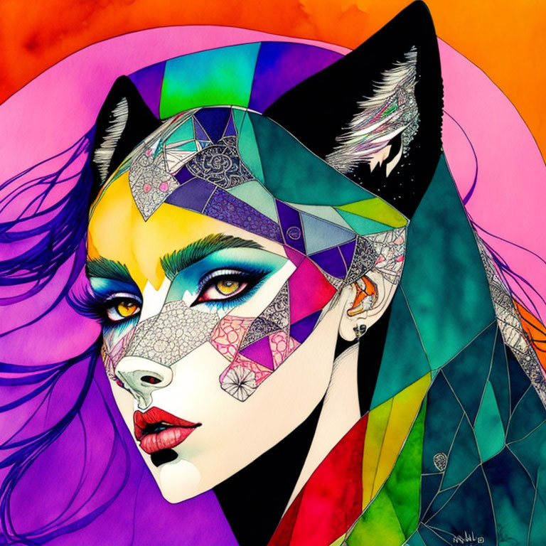 Vibrant portrait merging woman's face with geometric cat design