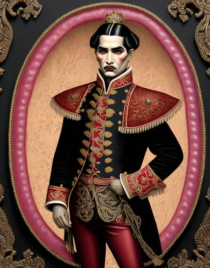 Regal man in black and red uniform with gold details on patterned background.