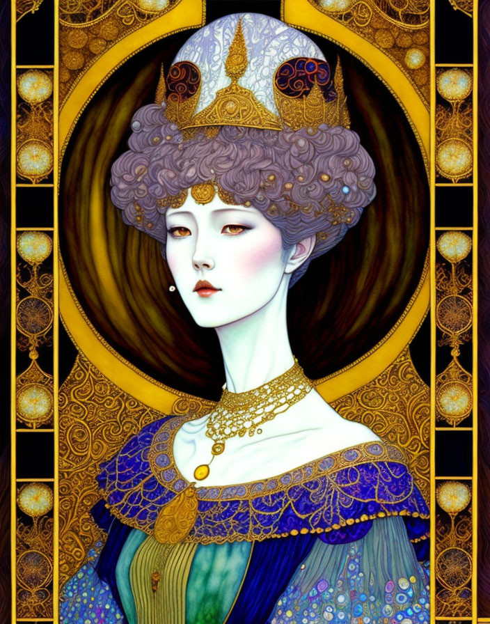 Regal woman with purple hair and gold crown on patterned background