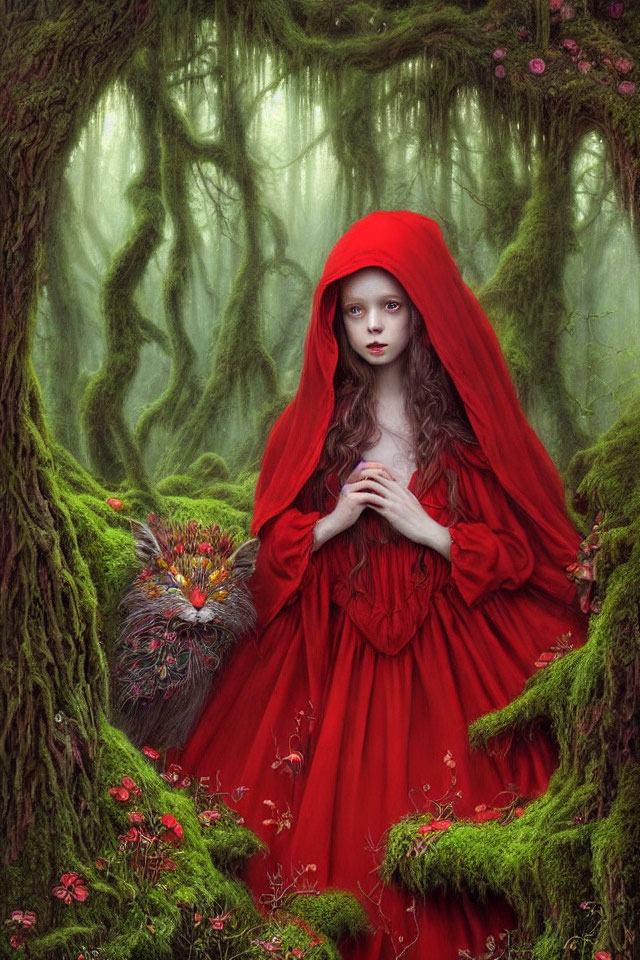 Girl in Red Cape in Mystical Forest with Hidden Creature