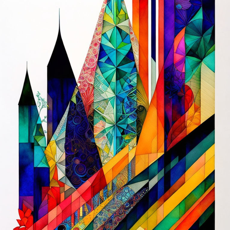 Vibrant Geometric Abstract Art with Varied Patterns and Tower-like Shapes