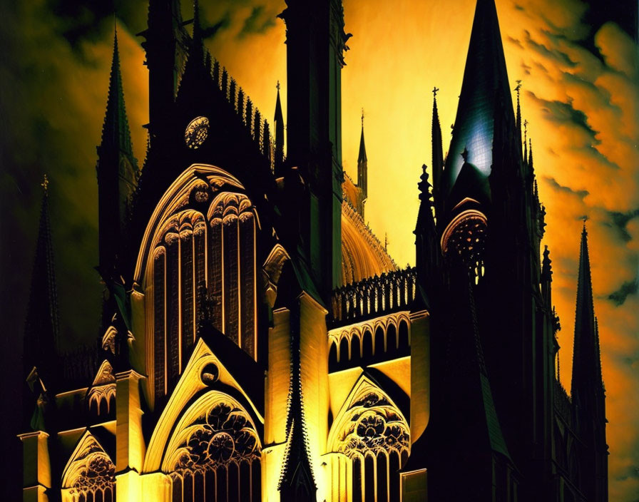 Gothic Cathedral with Pointed Arches and Spires under Ominous Sky