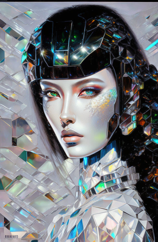 Futuristic female figure in reflective geometric helmet and iridescent suit