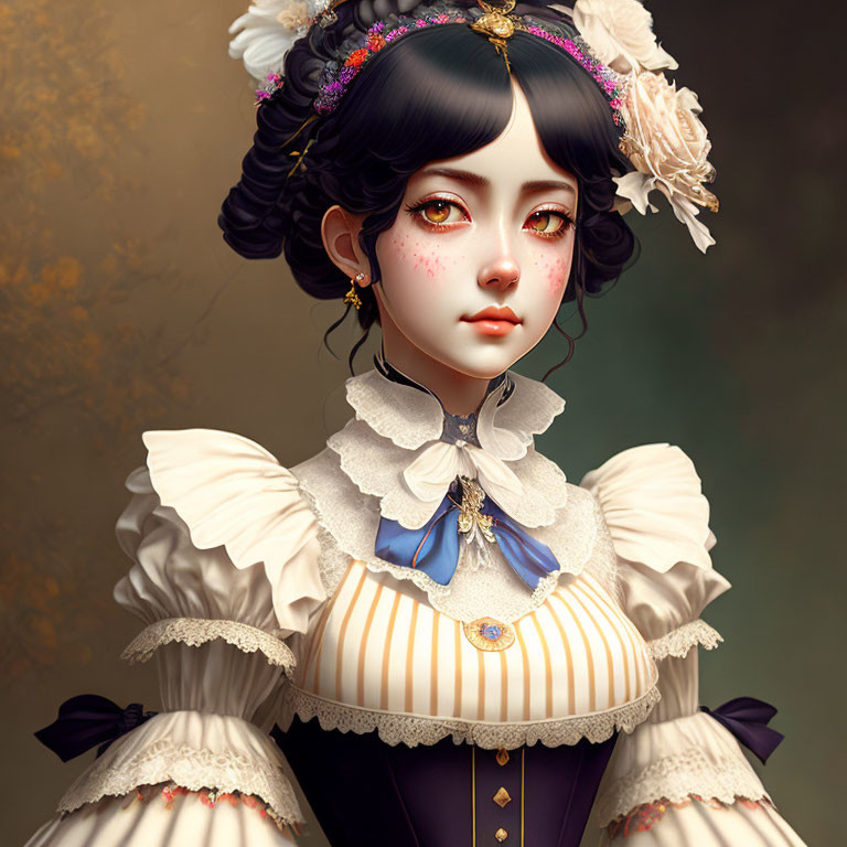 Victorian woman portrait with dark hair, flowers, and jewelry