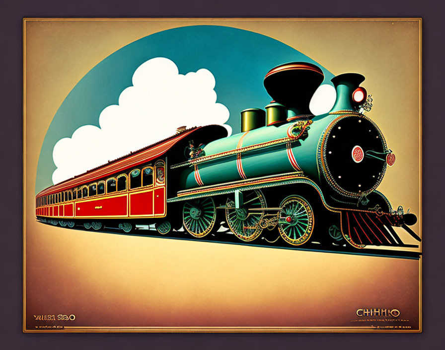 Classic steam locomotive illustration with passenger cars emitting white smoke on stylized backdrop