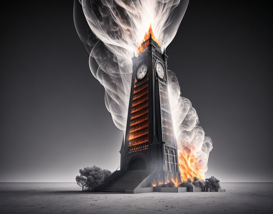 Surreal clock tower engulfed in flames in desolate landscape