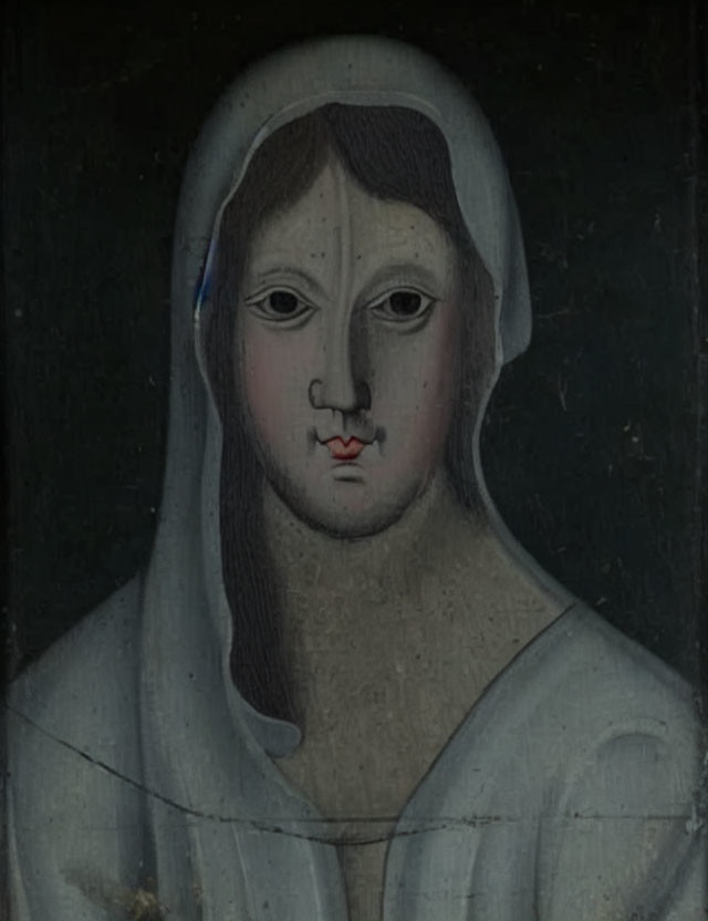 Portrait of figure with pale skin, dark eyes, straight nose, white veil, dark hair, red