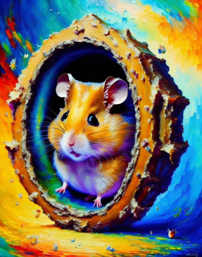 Colorful Abstract Painting: Curious Hamster in Circular Hole