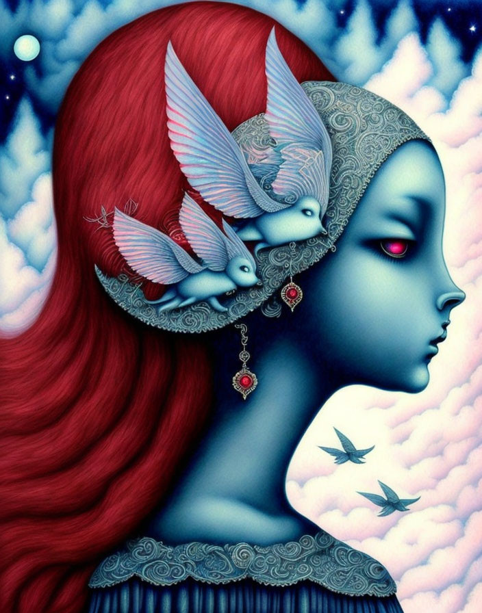 Vibrant surrealistic portrait of female figure with red hair and blue skin