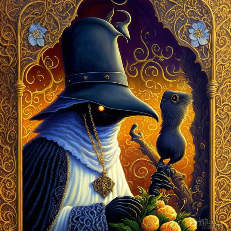 Figure in Blue Cloak & Plague Doctor Mask with Blackbird, Orange Flowers & Gold Patterns