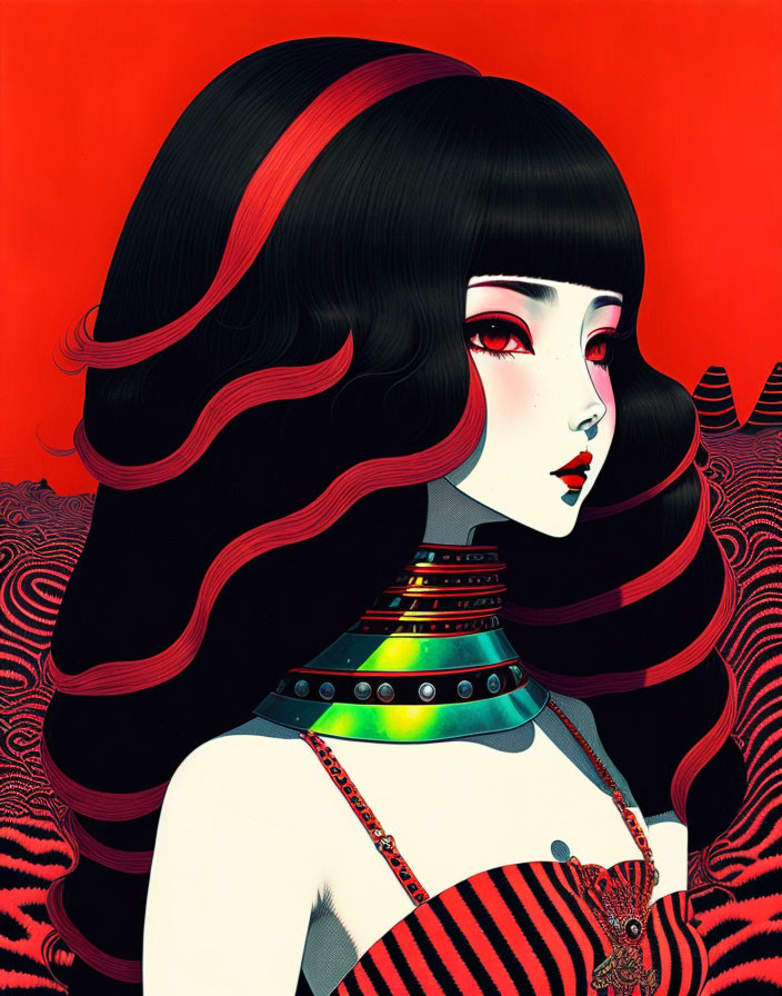 Stylized woman with black and red hair, red eyes, colorful choker on red background