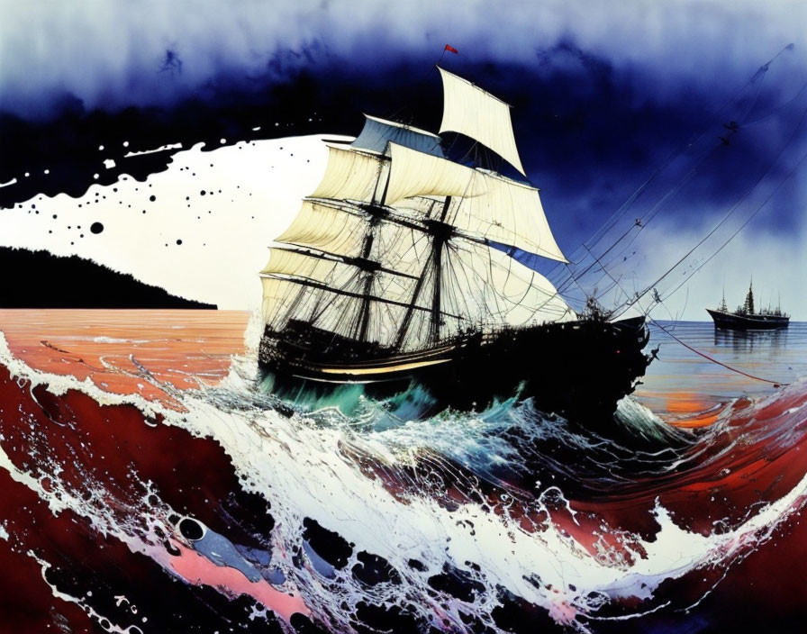 Vivid painting of sailing ships at sea with blue and red waves