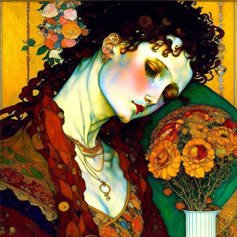 Curly-Haired Woman in Ornate Clothing Surrounded by Vibrant Flowers