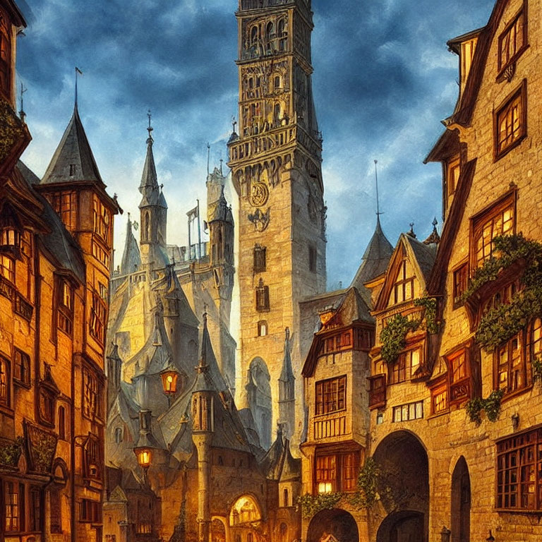 Medieval town at dusk: illuminated windows, cobblestone streets