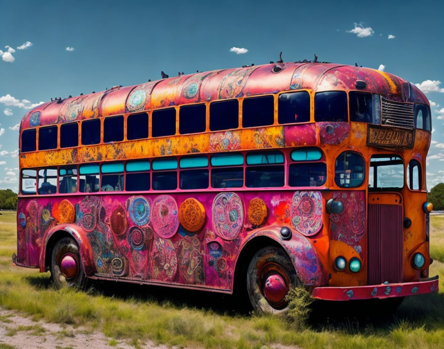 Colorful Psychedelic Double-Decker Bus Under Blue Sky