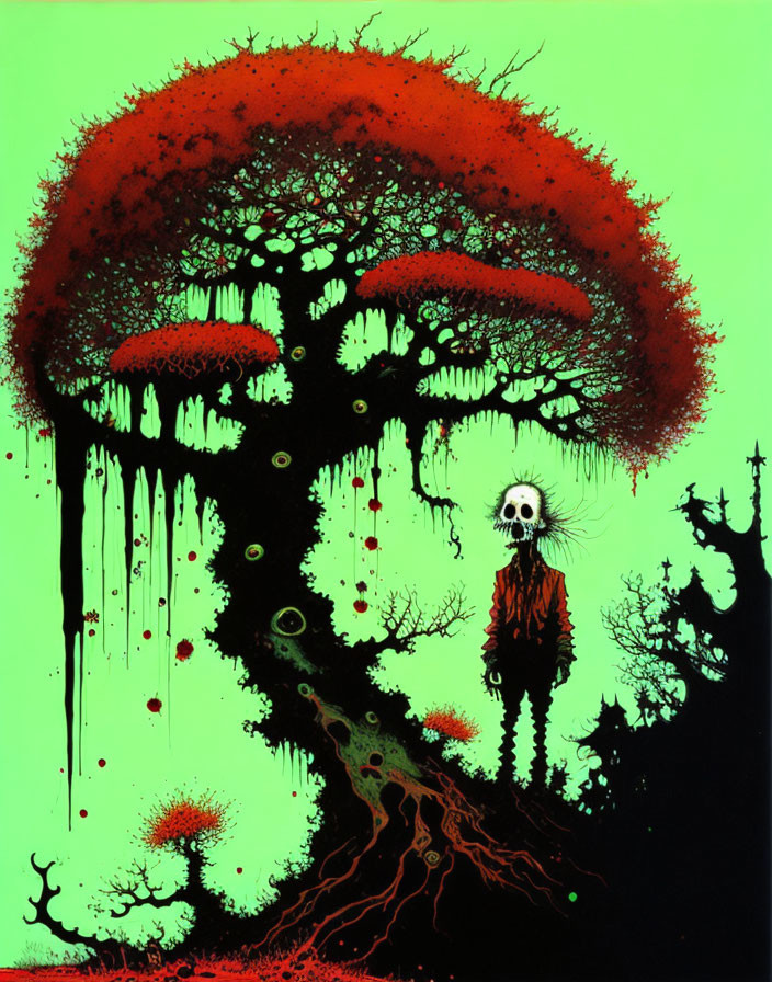 Skeleton figure under ominous tree in red substance, against green background