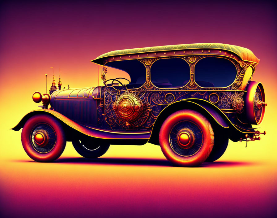 Vintage car with golden patterns on purple-orange gradient.