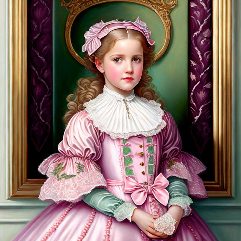 Detailed painting of young girl in pink Victorian dress with lace collar and cuffs, green sleeves, and pink