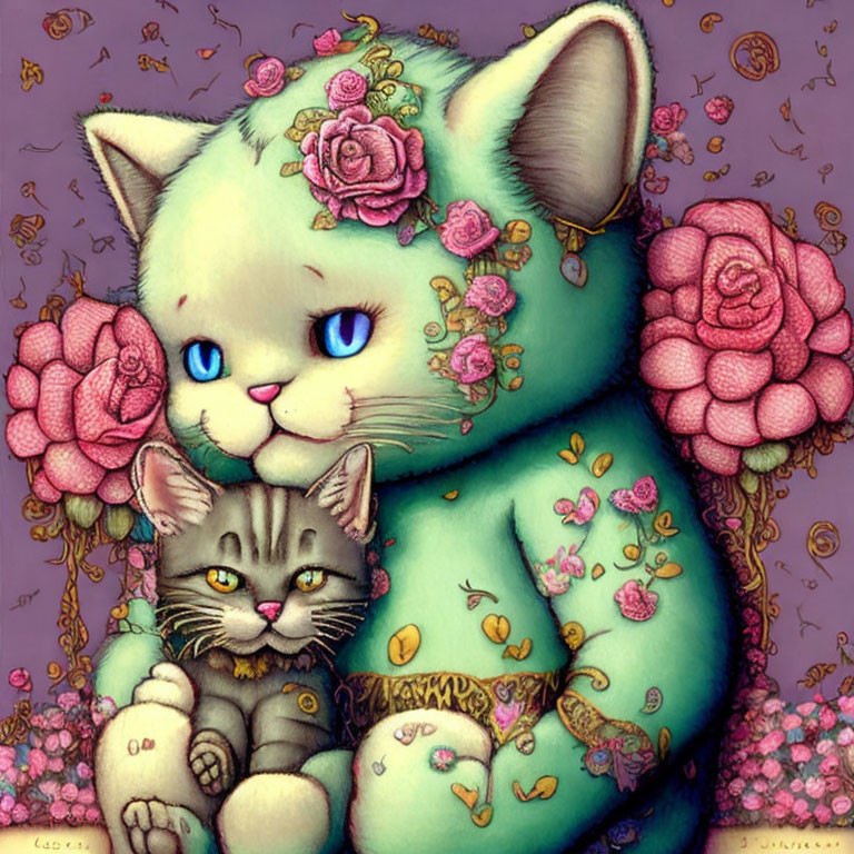 Vibrant illustration of two cats with flowers in a loving embrace