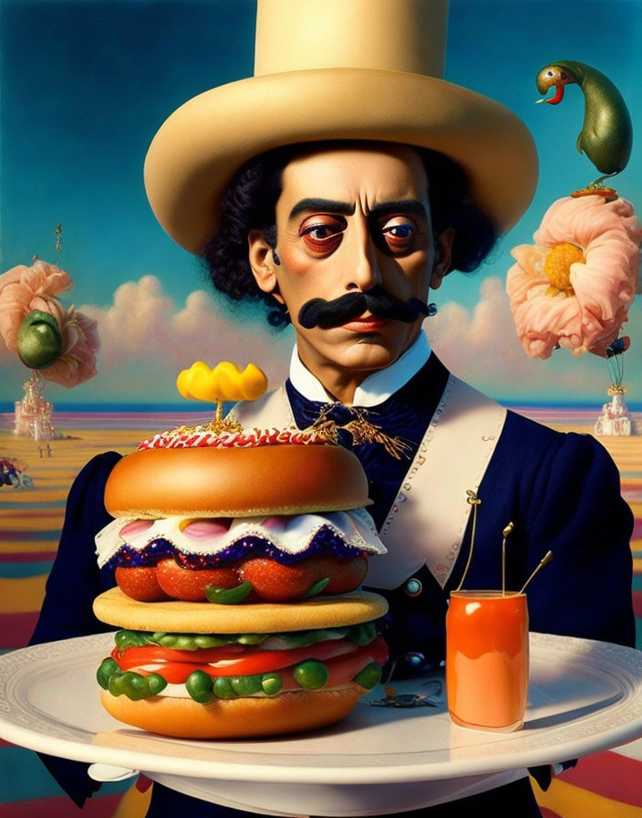 Man in bowler hat serving burger with duck on shoulder in surreal landscape