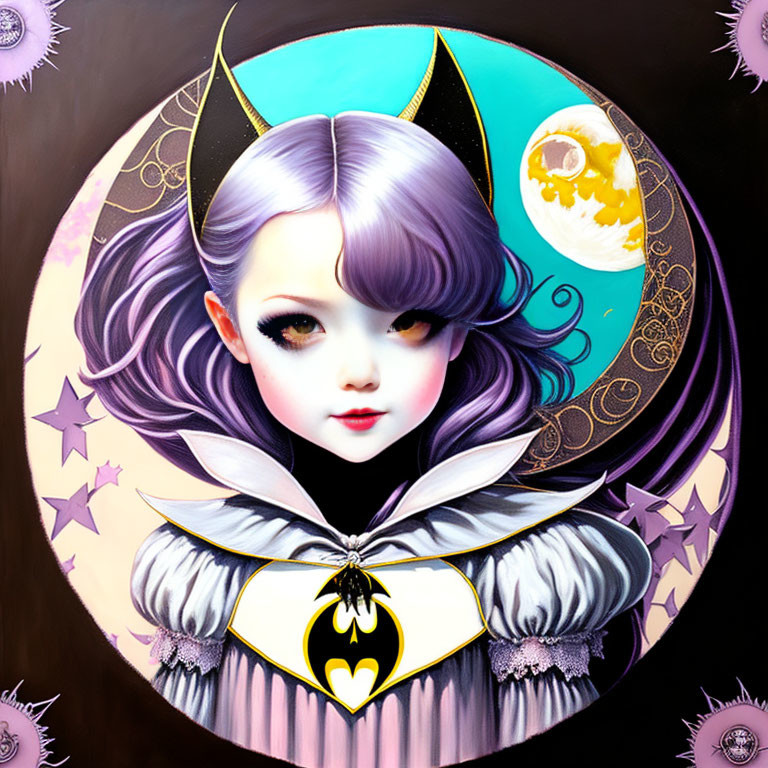 Illustration of female figure with purple hair, bat-like ears, moon background, and bat emblem.