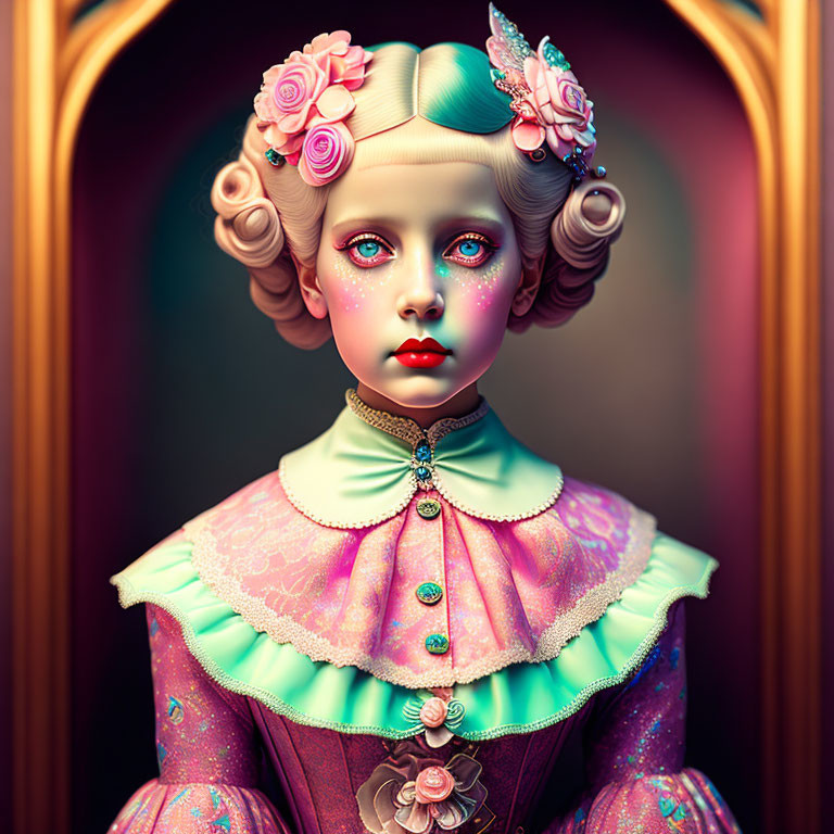 Hyper-realistic doll-like figure in Victorian attire with pastel hair and blue eyes.