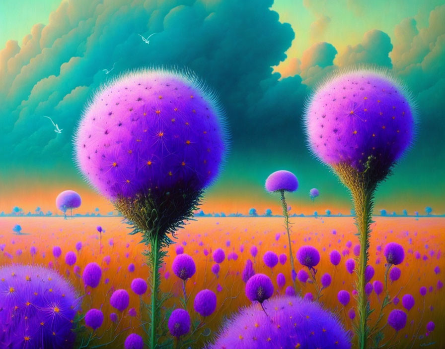 Surreal landscape with oversized purple flowers and dandelion seeds