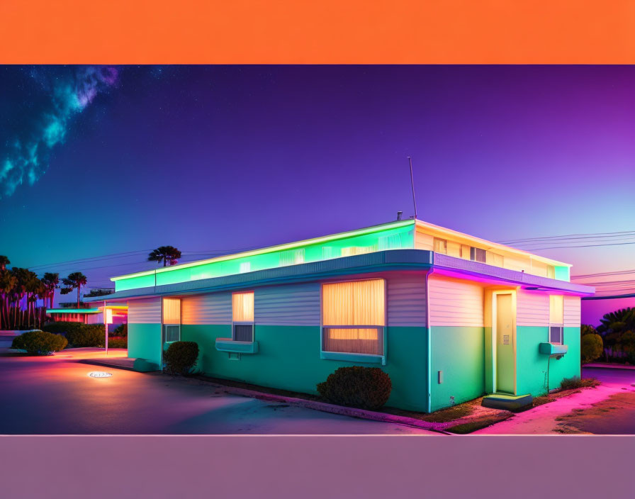 Colorful Twilight Sky Over Vibrant Neon-Lit Building