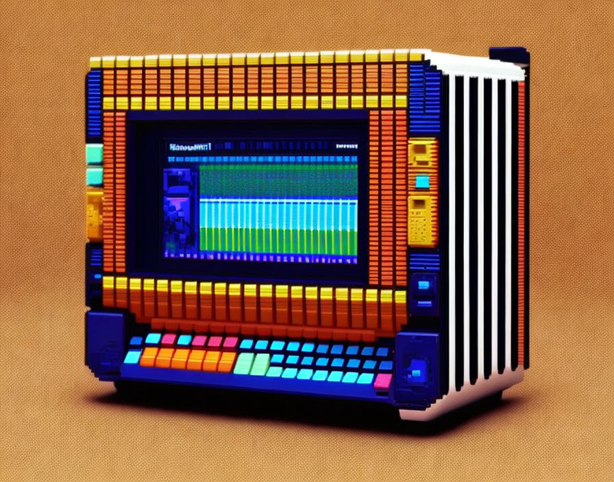 Colorful Retro-Futuristic Boombox Artwork on Textured Orange Background