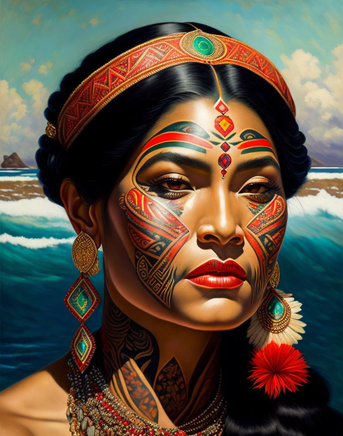 Detailed painting of woman with tribal face paint and jewelry by ocean coast.