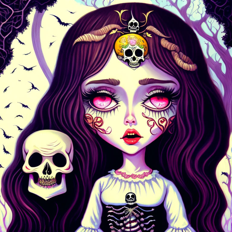 Illustration of horned girl with skulls and bats in purple hues