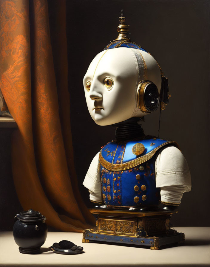 Elizabethan-style humanoid robot with porcelain face and golden helmet by drape and vase