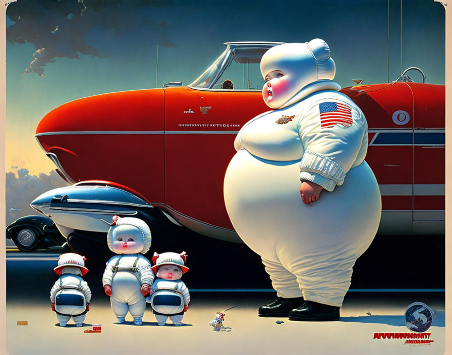 Stylized humanoid astronaut figures with classic car under blue sky