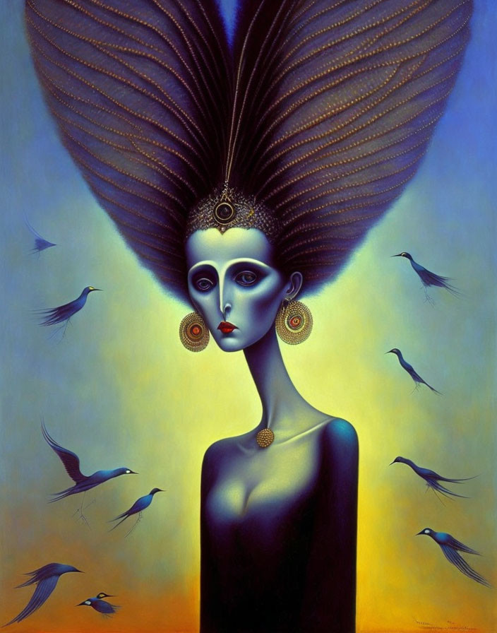 Stylized woman with fan headpiece in blue and gold, birds on blue-yellow background