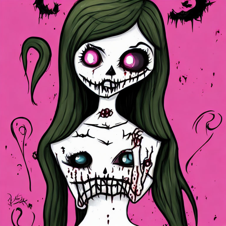 Sinister skeletal girl with green hair and blood stains on pink background