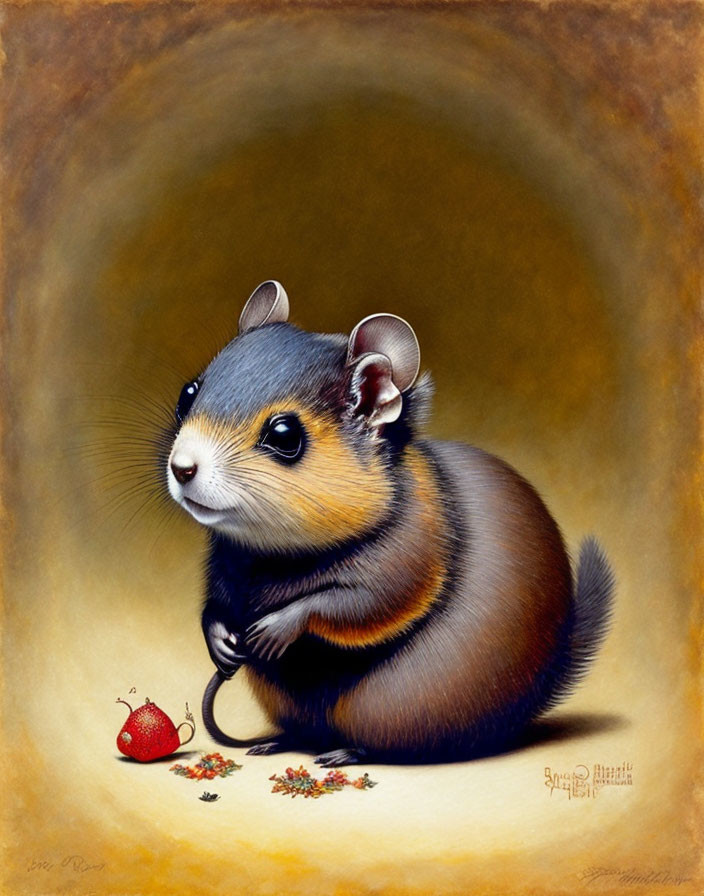 Chubby chipmunk with glossy eyes next to red fruit and seeds on warm background