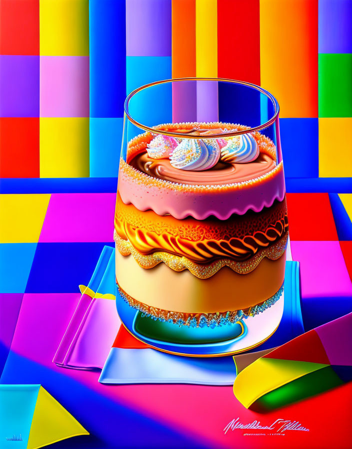 Vibrant digital artwork of layered dessert on multicolored background