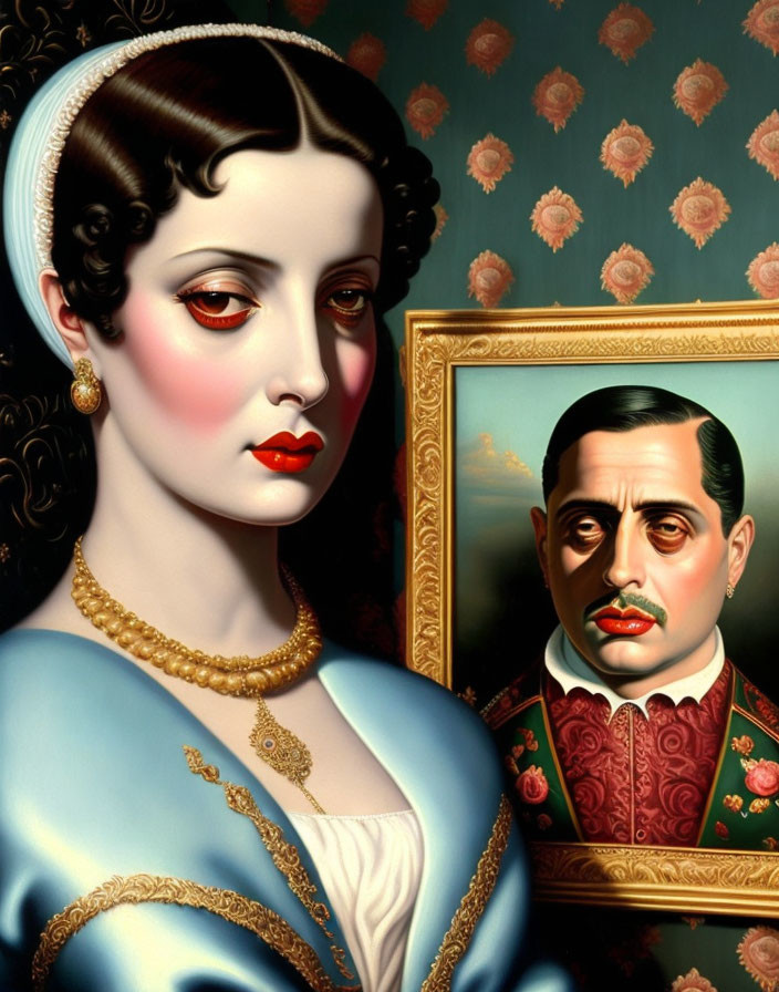 Portrait of woman with pale skin, red lips, in blue dress beside man with mustache in framed