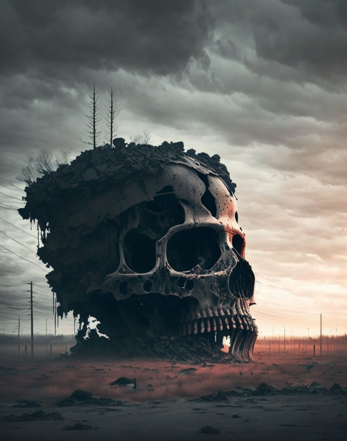 Gigantic skull with trees in barren landscape under stormy sky