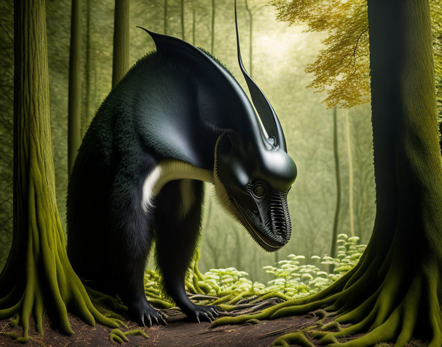 Sleek black creature with crest in dreamlike forest